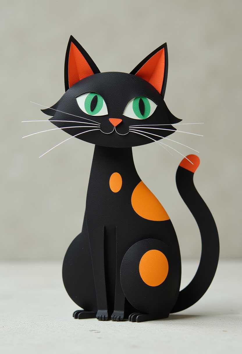 This image features a whimsical and stylized representation of a cat, which is a playful and modern take on the subject. The cat is predominantly black with a few vibrant pops of color that add to its charm and personality. The art style is reminiscent of midcentury modern design, with its clean lines and bold geometric shapes.The medium appears to be a combination of paper and plastic, as evidenced by the different textures and translucency of the materials. The cats body is made of a black plastic or metal, giving it a sleek and sturdy appearance. The orange and yellow shapes on the cats body are likely made of paper or cardstock, as they have a more delicate and flexible texture.The cats eyes are a striking green, which is a bold choice that adds a touch of surprise and liveliness to the piece. The eyes are detailed with a white reflection, which gives them a realistic touch despite their stylized nature.The cats whiskers are long and white, and they are positioned in a way that gives the cat a curious and attentive expression. The whiskers are made of a thin, flexible material, possibly wire or plastic, which allows them to bend and curve naturally.The cat is sitting on a neutraltoned surface, which contrasts with the bright colors of the cat itself. The background is a simple, textured grey, which doesnt compete with the cats vibrant colors and allows the viewer to fully focus on the subject.Overall, the image is a charming and playful piece of art that combines modern design with a touch of whimsy, making it both visually appealing and fun to look at.