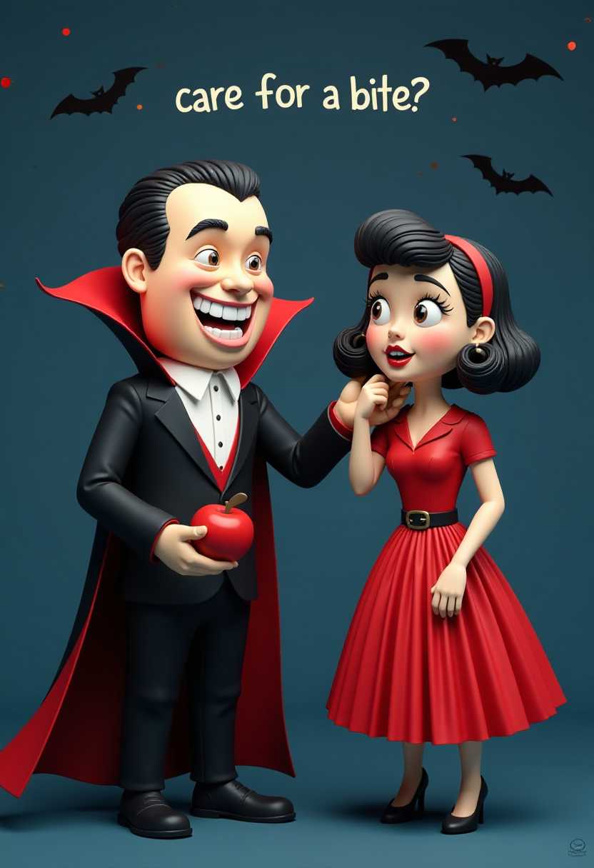 This image features simplified 3d characters and scenery that appears to be painted wooden figures or puppets without strings characterized by bold outlines, flat colors, and exaggerated shapes.The vampire, on the left, is depicted with exaggerated features, such as a large, toothy grin, and a prominent, fangfilled mouth. He is wearing a black cape with a red lining, and his cape is dramatically flared out behind him. He is holding an apple in his right hand, which is a nod to the classic tale of Dracula and the forbidden fruit.The potential victim, on the right, is a woman dressed in a pleated red dress with a black belt cinching her waist. Her hair is styled in a 1950s fashion, with bangs and a side part. She has a startled expression on her face, with her mouth slightly agape and her left hand raised to her cheek, as if shes in shock or surprise.The phrase care for a bite? is written in a playful font, and its positioned above the vampires head, suggesting that he is offering the apple as a bite. The use of the word bite instead of suck adds a humorous twist to the image.The overall color palette is limited, with the vampire and the woman in shades of red and black, and the background in a deep blue. The use of red and black gives the image a gothic feel, while the playful nature of the characters and the phrase injects a sense of humor.There are also bats flying around the scene, which is a nod to the vampire lore. The bats are stylized with sharp, angular wings and are in various positions, some flying towards the viewer and others flying away, adding to the dynamic feel of the image.In summary, this image is a playful and stylized representation of a vampire and a potential victim, set against a dark blue background.