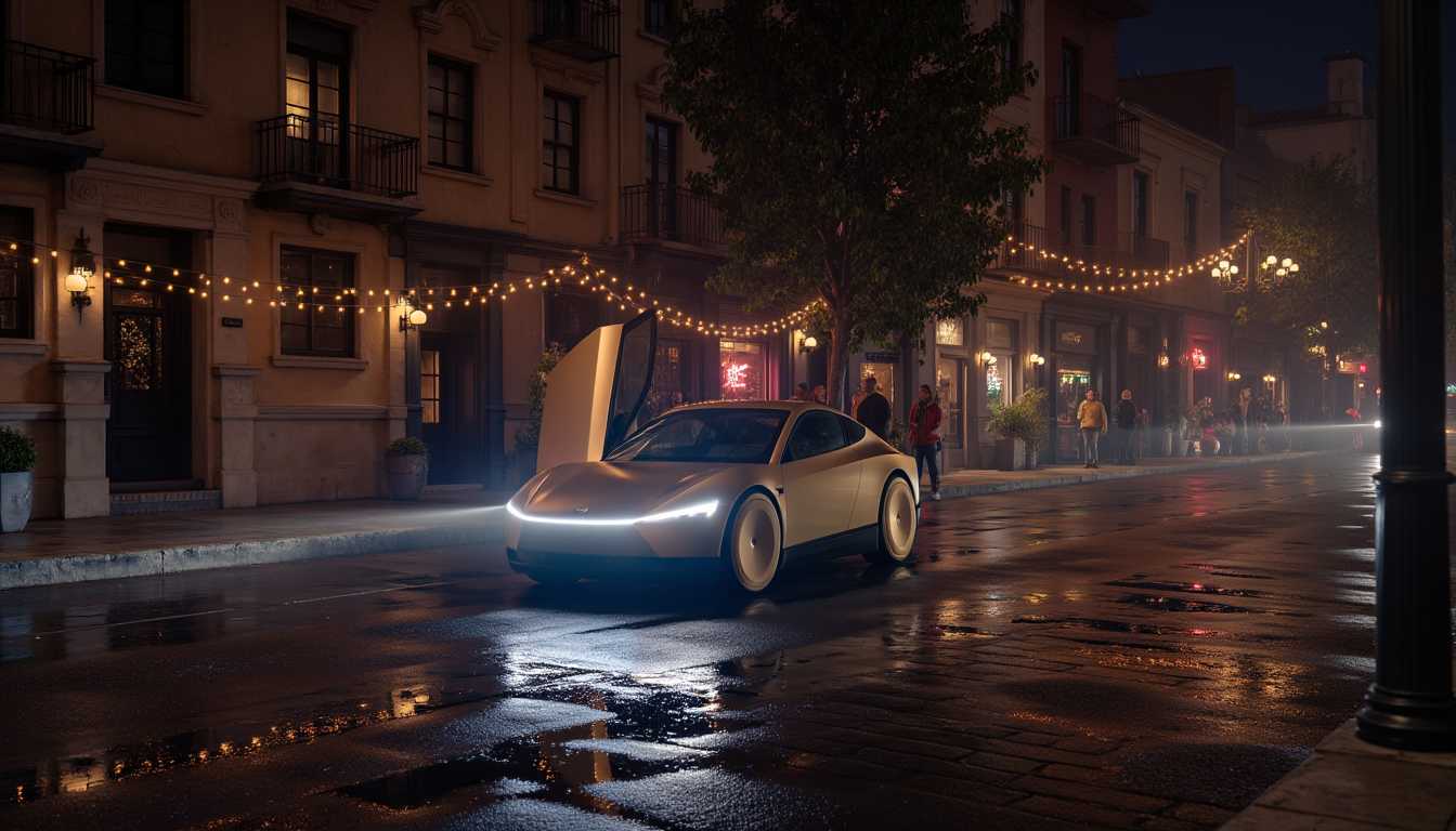a photo of a TSLACBRTXI car, driving down the cobblestone streets of lisbon portugal at night