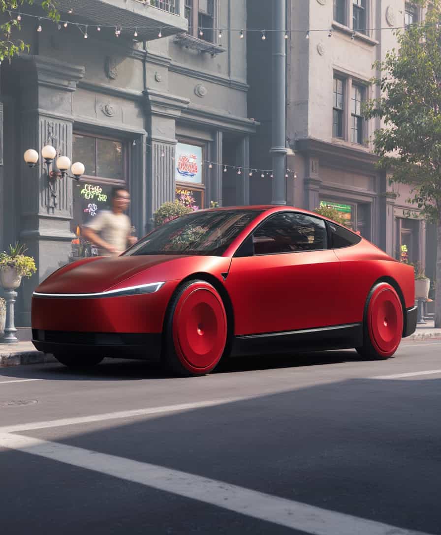 Futuristic Red Car in Vintage Cityscape