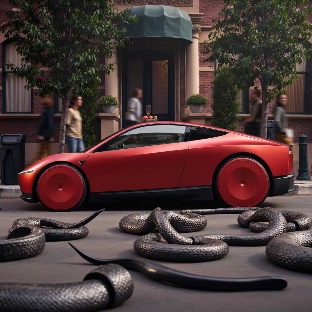 a photo of a red TSLACBRTXI car, surrounded by hundreds of snakes