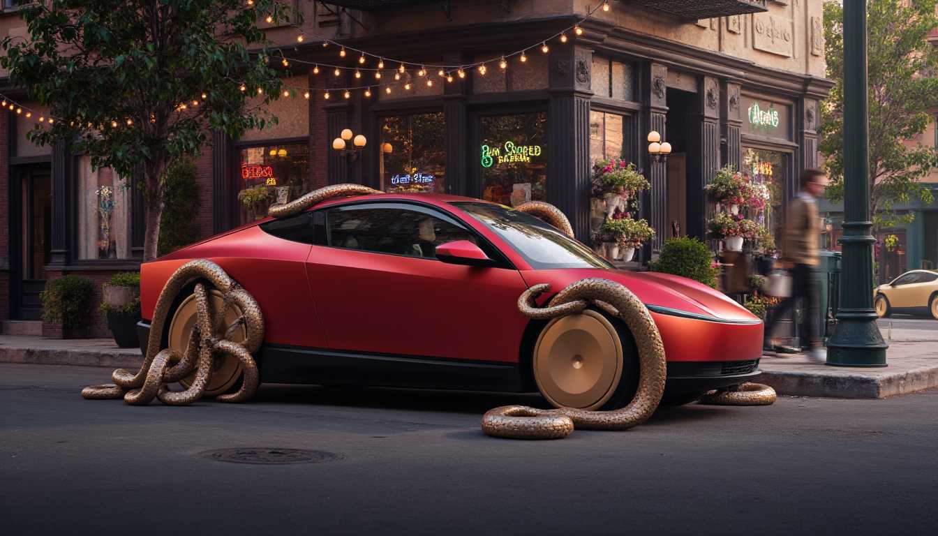 a photo of a red TSLACBRTXI car, surrounded by hundreds of snakes