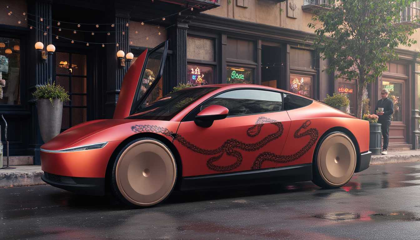 a photo of a red TSLACBRTXI car, surrounded by hundreds of snakes