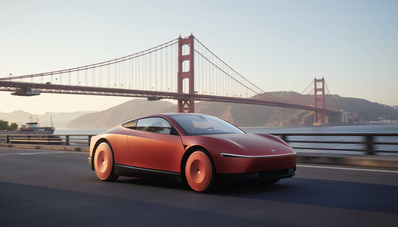 a photo of a red TSLACBRTXI car, driving across the bay bridge