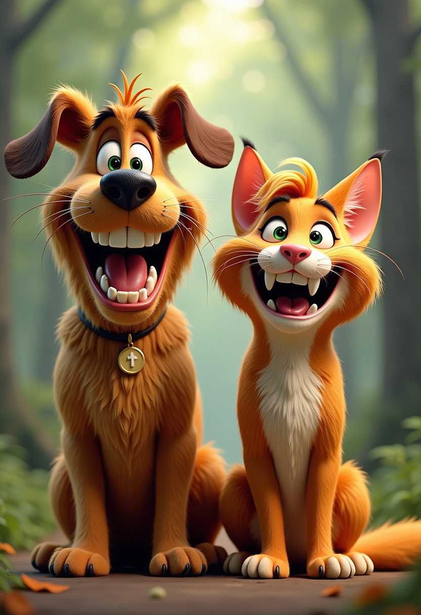 A 3d Disney Pixar shaggy dog and a shaggy cat standing side by side. They have exaggerated facial features, especially their large grins showing numerous huge teeth. Both have prominent ears and whiskers, and their fur is detailed. The forest background appears soft and misty, adding a whimsical touch to the scene.