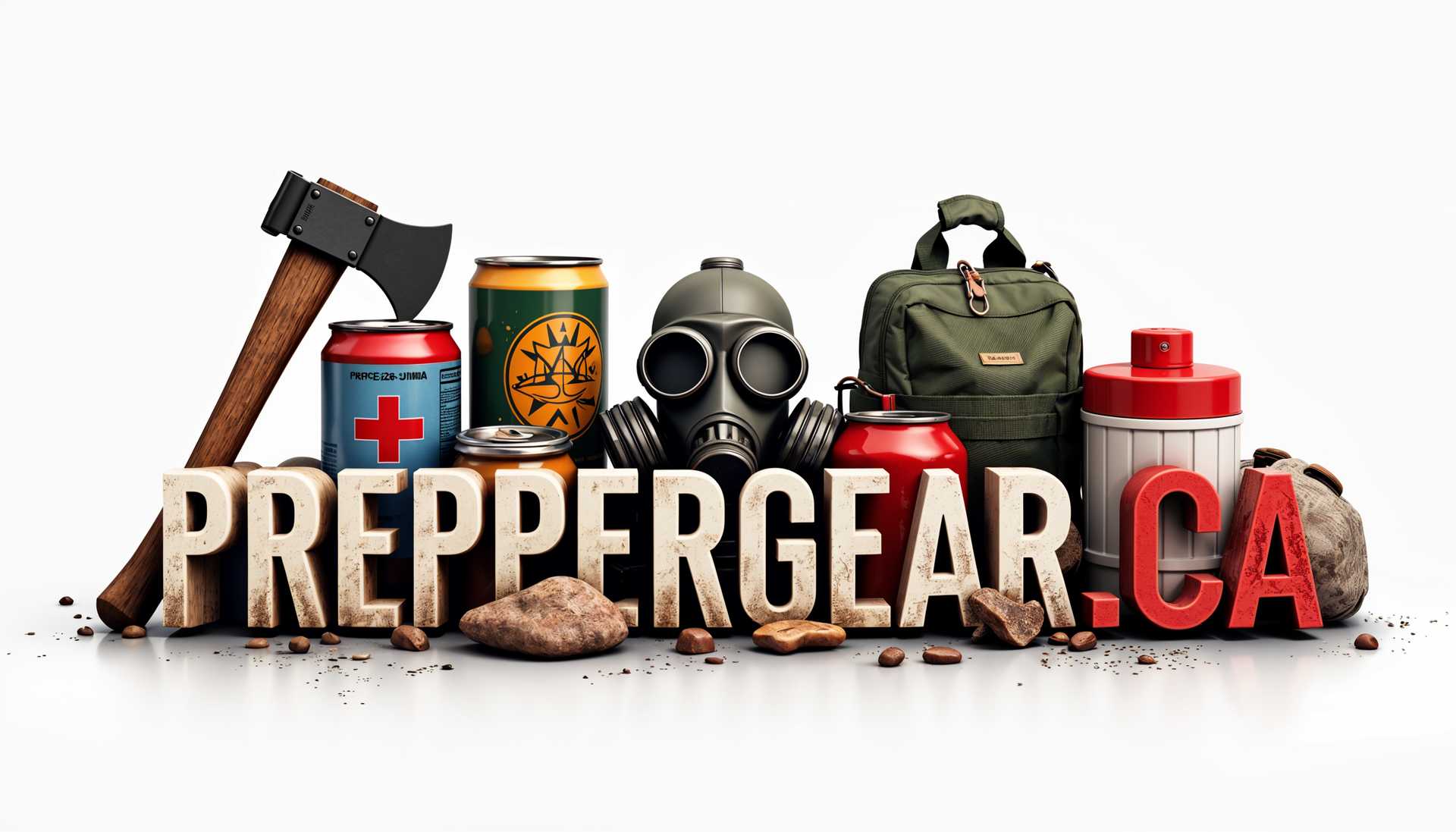 AI-generated image: create a word logo for a prepper company "PREPPERGEAR.CA" on a white background 3d, gas mask, can fo