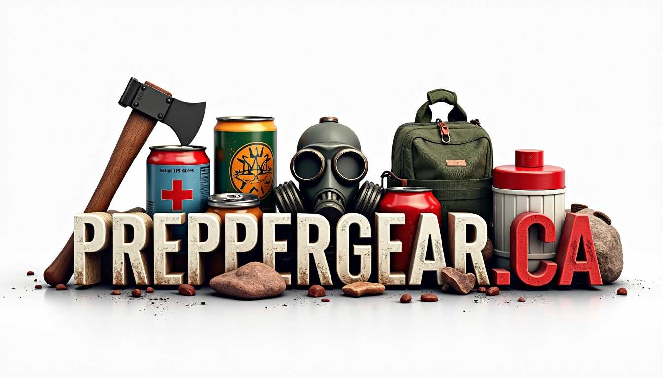 create a word logo for a prepper company "PREPPERGEAR.CA" on a white background 3d, gas mask, can food, axe, medical kits, emergency