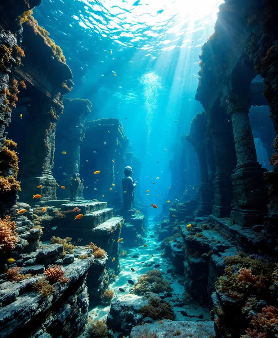 A hyper-realistic underwater scene of a sunken ancient city, with crumbling stone temples and statues covered in algae. Shot with a Sony Alpha 1 using a Leica Summilux-M 35mm f/1.4 lens, the image captures vibrant schools of fish swimming through the ruins. Sunlight filters down from the surface, creating shimmering beams of light that illuminate the submerged structures. Soft shadows and delicate bubbles rise from the coral-covered stones, creating a peaceful yet eerie atmosphere. The depth of field (f/5.6) keeps the detailed foreground sharp while the far-off ruins blur softly in the ocean’s depths.

