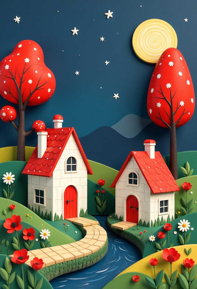 This image features simplified 3d characters and scenery that appears to be painted wooden figures or puppets without strings characterized by bold outlines, flat colors, and exaggerated shapes.The sky is a deep navy blue, dotted with stars and a large, pale yellow moon with concentric circles, reminiscent of a full moon. The trees are stylized with exaggerated, rounded canopies and are depicted in a variety of sizes, with the tallest trees on the left and right sides of the image. The leaves of the trees are a vivid red with white dots, which could represent blossoms or a special kind of foliage.In the foreground, there are two charming houses with red roofs and white walls. The house on the left has a steeply pitched roof with a chimney and a bell tower, while the house on the right has a more traditional pitched roof with dormer windows. Both houses have red doors and windows with white trim, and they are connected by a cobblestone pathway that crosses a small stream.The landscape is lush and green, with rolling hills and a variety of flowers, including red poppies and white daisies. The hills are depicted with simple, curved lines and are painted in shades of green, with hints of blue and purple in the distance, suggesting the presence of mountains or a different sky.The overall effect of the image is one of enchantment and tranquility, with a magical, almost storybook quality. The use of color is vibrant and harmonious, with a clear contrast between the warm reds and oranges of the trees and houses and the cool blues and greens of the sky and landscape. The composition is balanced and inviting, with a sense of depth created by the layering of the hills and the positioning of the houses and trees.
