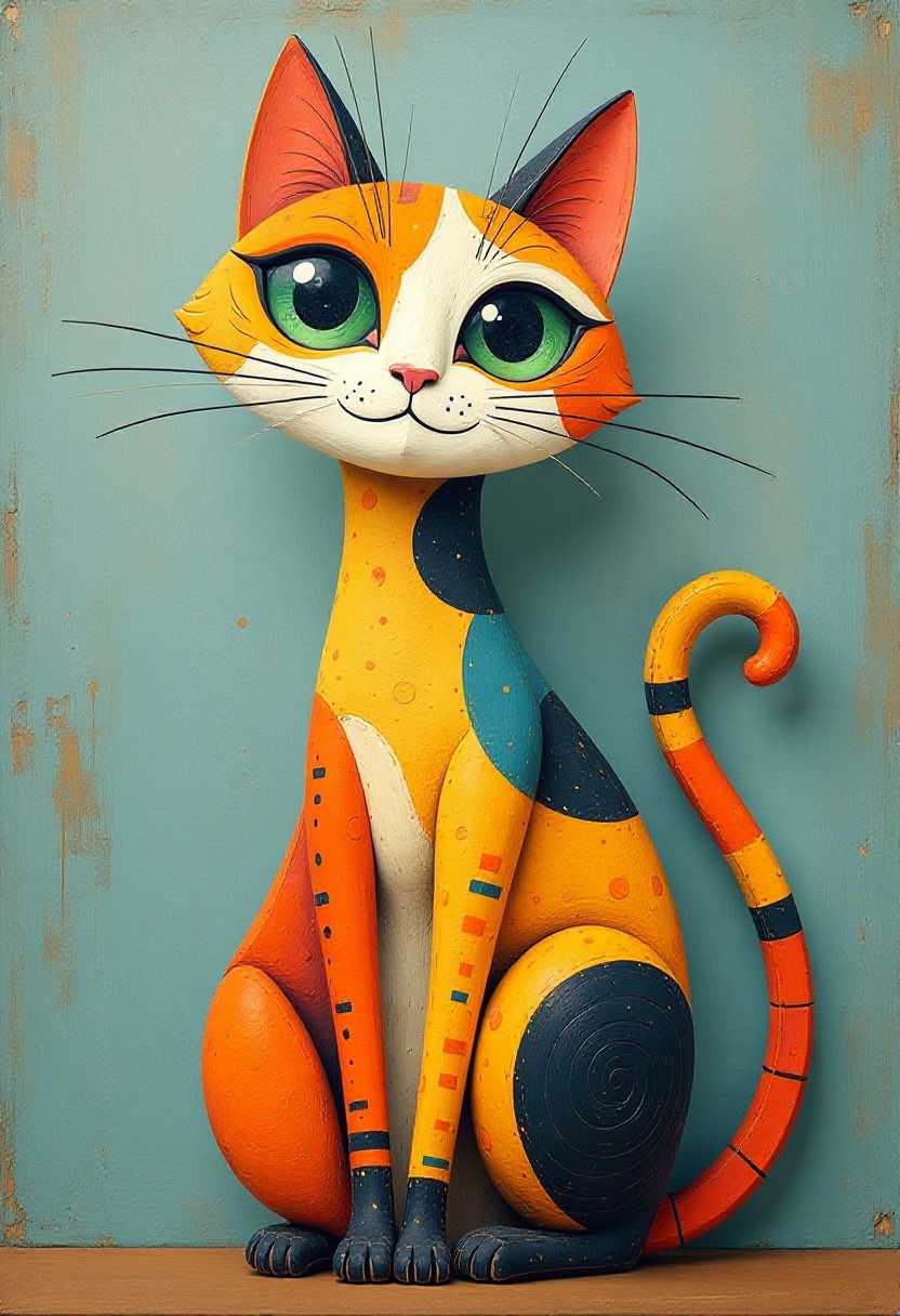 This image is a stylized painting of a cat, rendered in a modern, abstract art style. This image features simplified 3d characters and scenery that appears to be painted wooden figures or puppets without strings characterized by bold outlines, flat colors, and exaggerated shapes.The cat is the focal point of the painting, and it is depicted with a whimsical and exaggerated form. The cats body is elongated and its proportions are not natural, which is a common feature in abstract art to convey emotion and character. The cats fur is a patchwork of bright, bold colors, including orange, yellow, blue, white, and black, which gives it a playful and vibrant appearance. The colors are saturated and stand out against the textured background.The cats eyes are particularly striking, with large, round, and green irises that draw the viewers attention. The pupils are black, and the white of the eyes is visible around the edges, giving them a lively and expressive look. The cats ears are perky and pointed, and they are colored in shades of orange and white, which complement the rest of its body.The cats tail is curled into a spiral shape, which is a common symbol of grace and elegance. The tail is also a patchwork of colors, with orange, yellow, and black hues, and it adds to the cats dynamic and whimsical character.