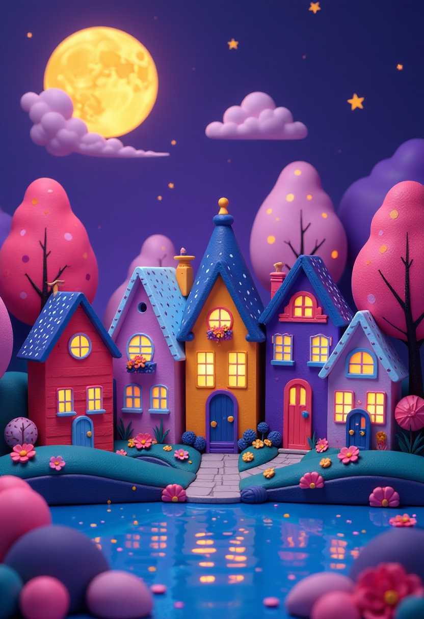This image features simplified 3d characters and scenery that appears to be painted wooden figures or puppets without strings characterized by bold outlines, flat colors, and exaggerated shapes.The sky is a deep, rich purple, transitioning to a lighter shade at the horizon, where a full moon is visible. The moon is depicted with a gradient of colors, from a pale yellow at the center to a deeper orange at the edges, and is surrounded by a halo of lighter purple and blue.The village is made up of a series of houses with exaggerated, stylized shapes and bright, contrasting colors. The houses are adorned with patterns and details such as polka dots, stripes, and floral motifs. The roofs are varied in color and texture, with some having snowlike white speckles and others having a gradient of blues and purples.In front of the houses, there is a reflective body of water, which mirrors the lights from the windows and the moon above. The water is depicted with a gradient of blues and purples, transitioning to a deeper blue at the bottom, and is adorned with reflections of the houses and the moon.The foreground of the image is dominated by a cluster of trees with stylized, rounded canopies. The trees are adorned with a variety of patterns and motifs, including stripes, polka dots, and floral designs. The leaves of the trees are a mix of pink and purple, with some having yellow centers.Throughout the image, there are small, scattered details that add to the whimsical nature of the scene. These include stars sprinkled across the sky, a few flowers and plants growing along the waters edge, and a few small, glowing orbs floating in the air.The overall effect of the image is one of enchantment and joy, with its vivid colors, playful patterns, and dreamlike quality.