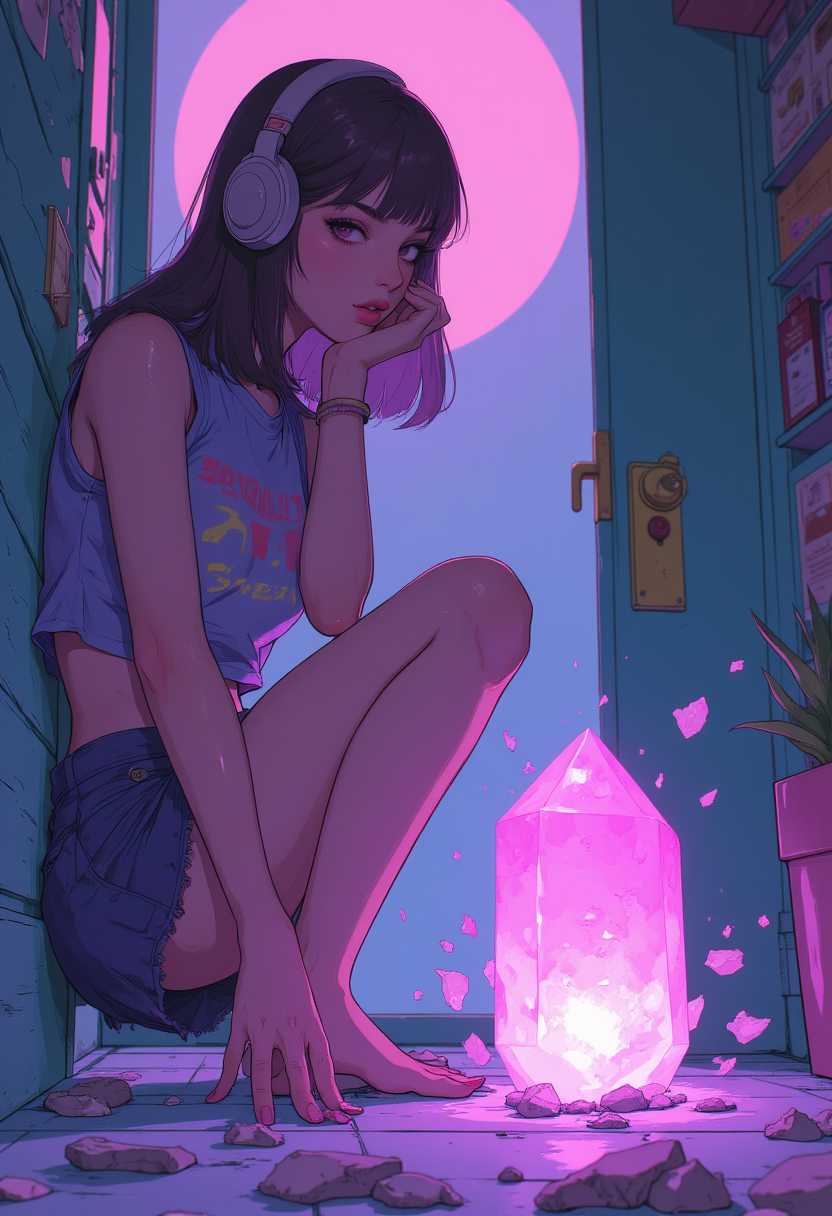 Artsy Illustration Style, beautiful woman wearing a short skirt and headphones leans against the wall in a hallway. She is staring blankly with her mouth open at a crystal. The crystal is floating in front of her. Her hands at her side. face and emitting a soft glow