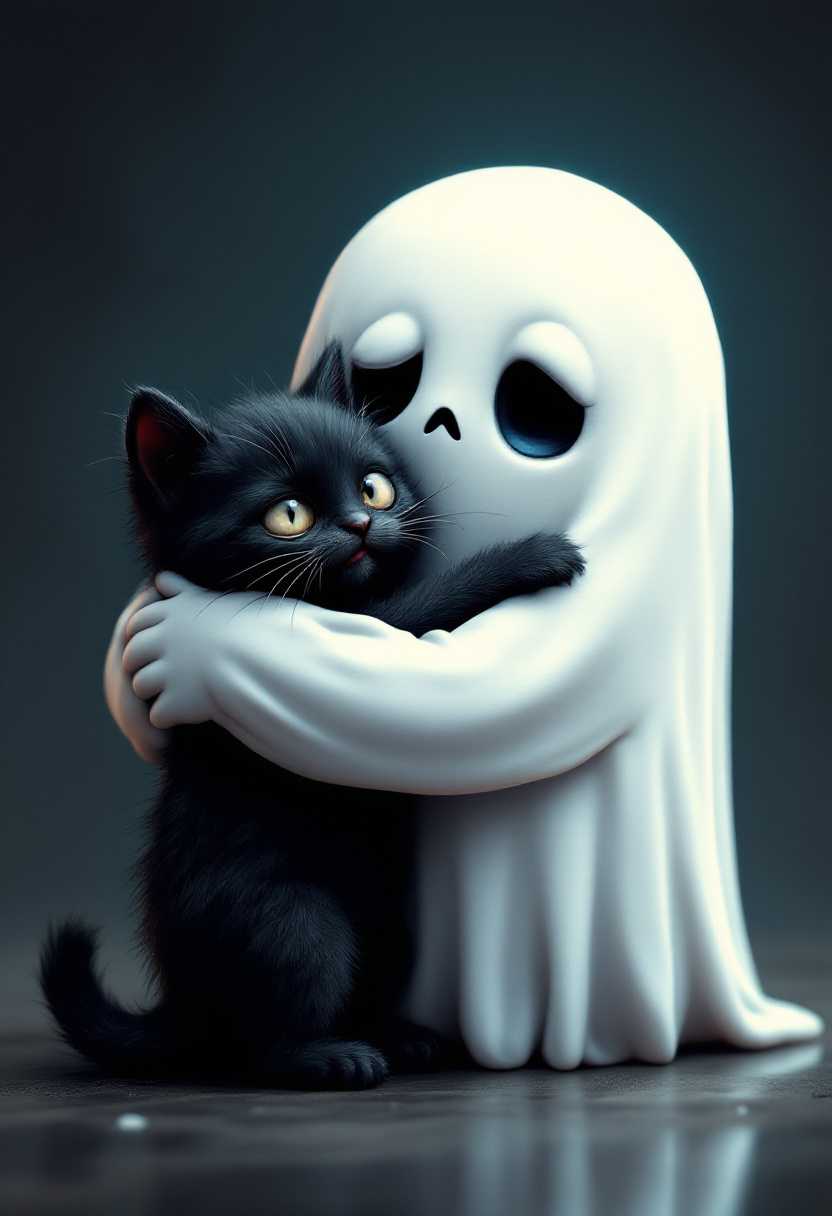 GhostlyStyle, an adorable chubby friendly ghost, hugging a little black zombie kitten, digital art, super chubby cute, hyper-realism, hd, 8k