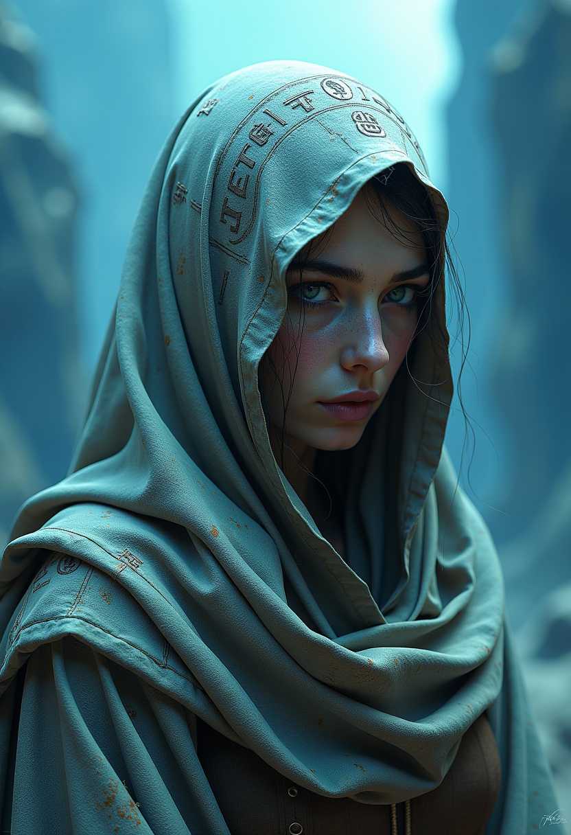 an ancient, cloaked female figure with piercing eyes, face covered in dust and dirt, their face wrapped in fabric adorned with extremely intricate hieroglyphs, set against an abstract, polygonal blue gradient background. The cloth appears worn and frayed, with strands of cobwebs catching the light, evoking a sense of age and decay. The background’s geometric facets shift from light to dark blue, creating a sense of depth that feels cold and detached, as if the figure exists within a frozen, digital void. Every wrinkle, stitch, and symbol on the fabric is detailed, revealing a story etched into the cloth. The icy blues of the background offer a stark contrast, amplifying the figure’s ancient aura. This composition weaves together themes of antiquity and futurism, drawing the viewer into a world where the past is preserved within a crystalline digital space.