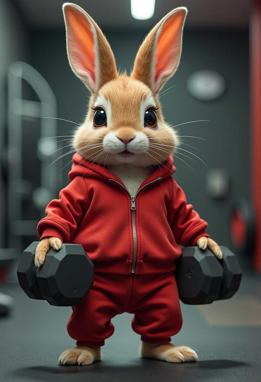 macro camera, illustration of a cool fuzzy, Rapper bunny, Wearing  a cool red Colored Hip-Hop Jogging suit, The bunny is Holding one big dumbbell and is in a Fitness Studio, fantasy art, intricate details, style Jean - Baptiste Monge, style Alan Lee, anthropomorphic squirrel , scene from a movie, dramatic shot angle, atmospheric particles, Real, raw cinematic photorealism, action portrait, 8k, detailed, centered, full frame, depth of field