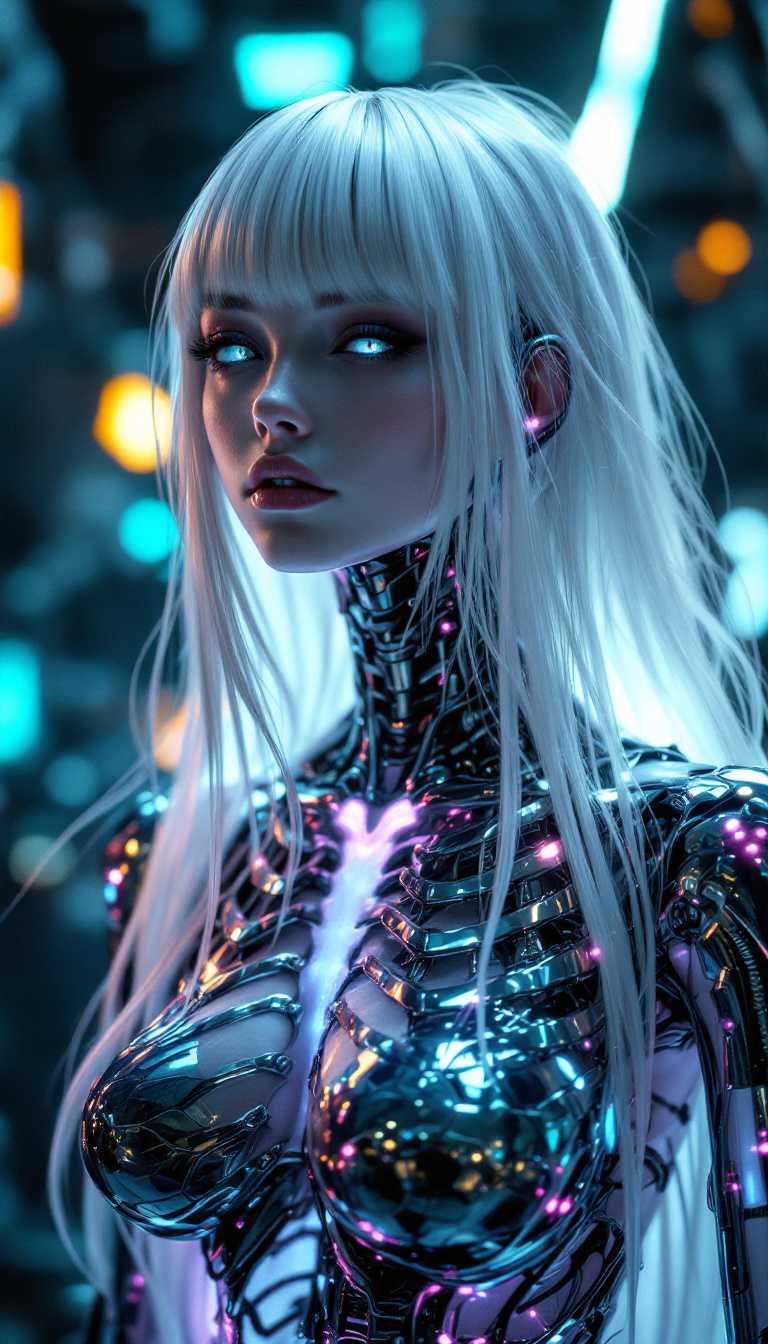 a photorealistic close-up of a futuristic female character with a pale, ethereal face that retains soft, human features and long, flowing hair with long bangs that glows faintly. The character’s body transitions into a glossy, intricate metallic skeleton from the neck down, with ribs, spine, and limbs that resemble polished bone. These bones reflect iridescent colors—teal, pink, and violet—adding a chameleon-like quality. Her ribcage and skeletal arms look organic yet machine-like, connected with intricate wires and joints that suggest advanced robotics. The dimlit lighting background full of machinery emphasizes her glowing elements and surrounding futuristic, casting soft, dramatic shadows that enhance her otherworldly aura. Maintain a high level of detail, focusing on the textures and reflective qualities of the metallic skeleton while capturing the ethereal softness of her face and hair.