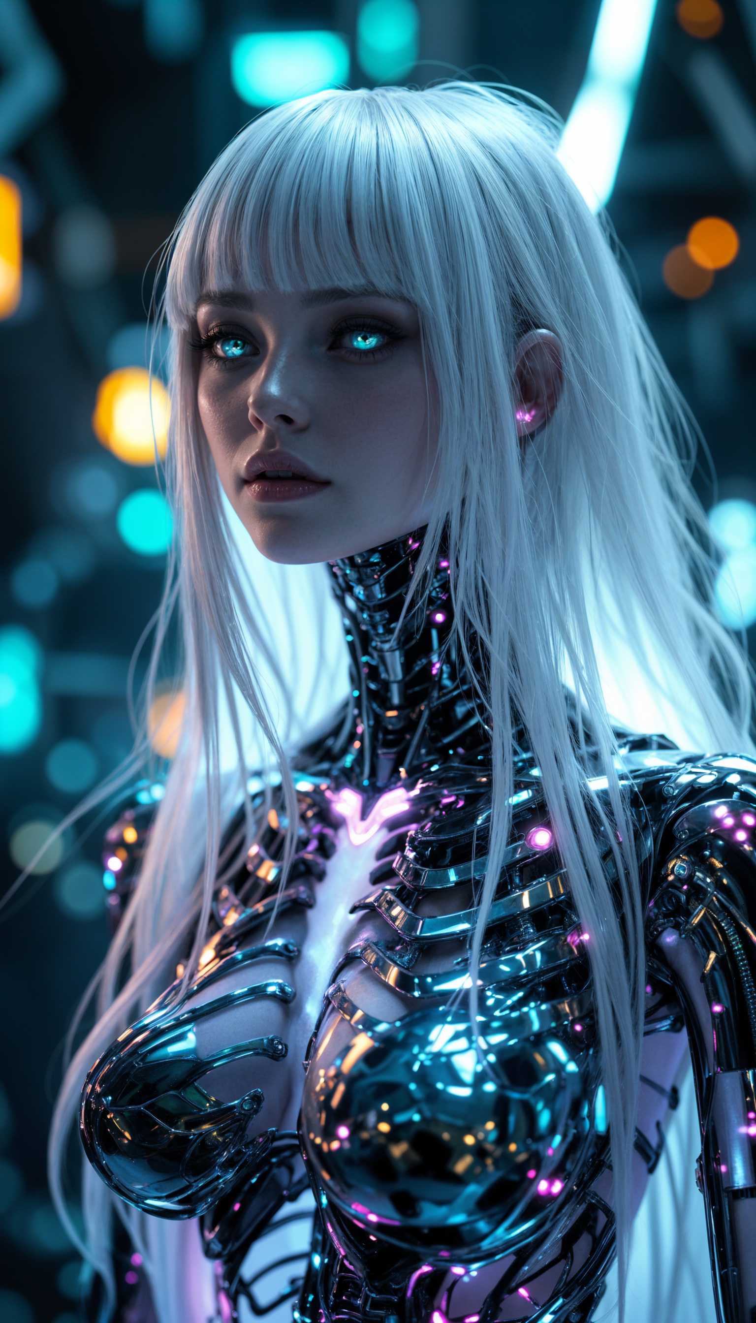 AI-generated image: a photorealistic close-up of a futuristic female character with a pale, ethereal face that retains s