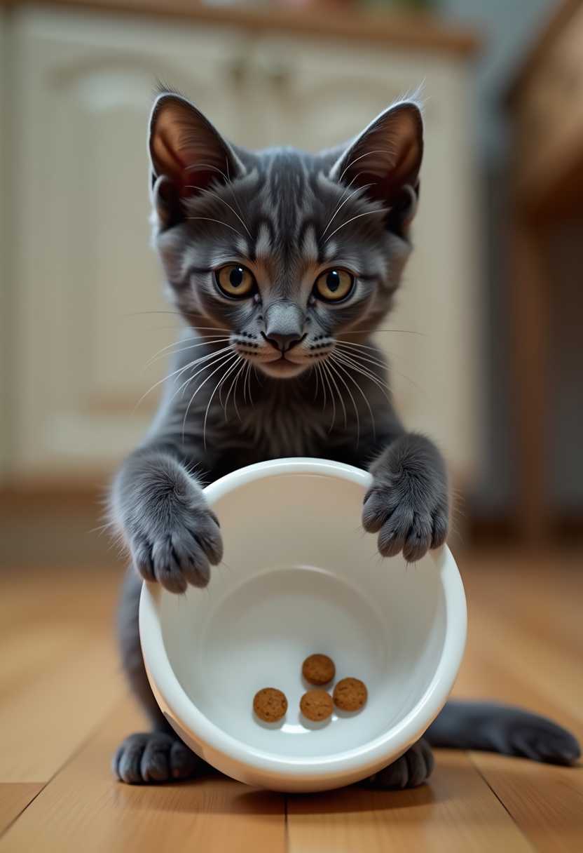 anamorphic dark Grey kitten standing on his hind legs and looking straight at the viewer.  He's showing the viewer the inside of an empty food bowl that he's holding in his paws. There are about 5 very small pieces of cat food inside the bowl. Text at the top states "Feed me hooman!". hyper-realistic, 18K, UHD. kitchen background