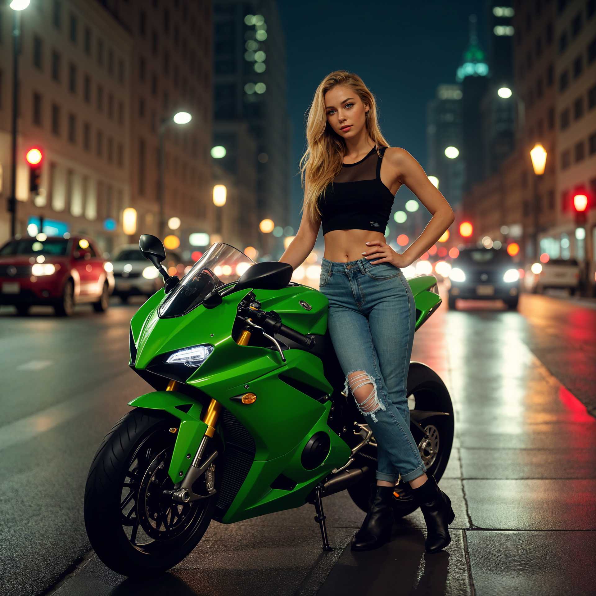 AI-generated image: This photo captures a nighttime urban scene, likely taken in a cityscape. The art style is contempor