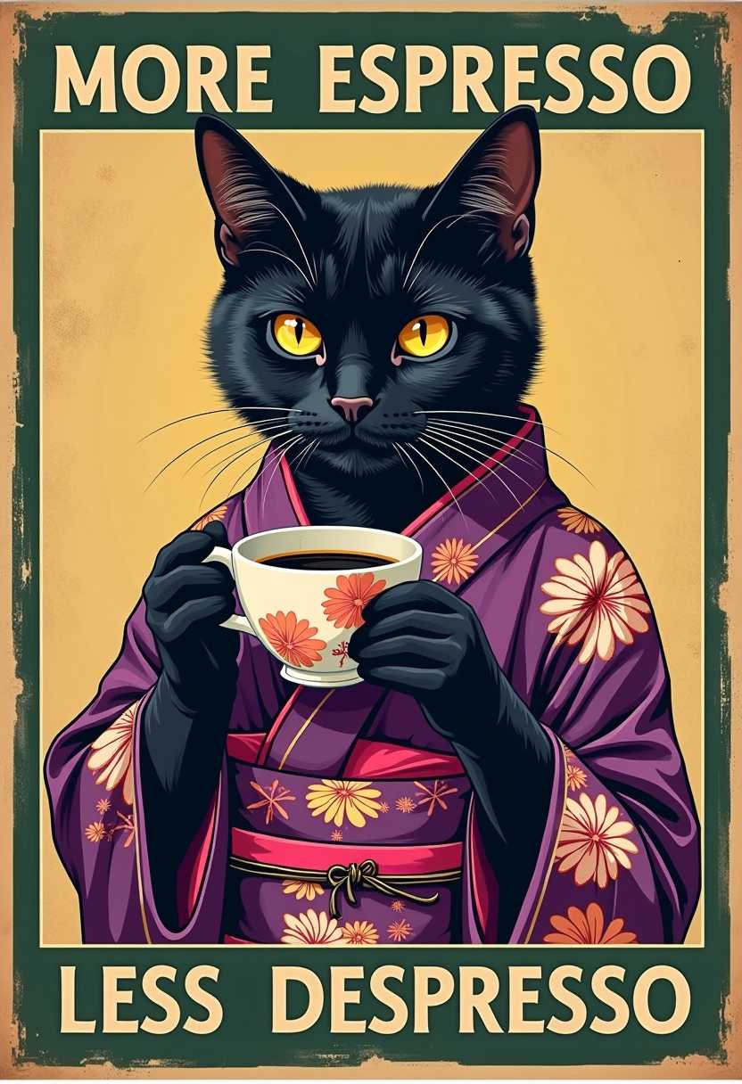 This image features a black cat dressed in a traditional Japanese kimono with floral patterns. The kimono is predominantly purple with a lighter purple obi belt. The cat is holding a cup of espresso with both paws, and the cup has a floral pattern that matches the kimono. The cats expression is focused and somewhat intense, with yellow eyes that stand out against the black fur.The background is a textured beige, reminiscent of a vintage paper or canvas. The text MORE ESPRESSO LESS DEPRESSO is written in a bold, retro font in a dark green border at the top and bottom of the image. The phrase plays on the words less pressure to suggest that drinking more espresso can lead to less stress or depression.The overall art style is a blend of traditional Japanese aesthetics with a modern twist, and the medium appears to be a digital illustration with a vintage filter applied to give it a retro look. The colors are rich and vibrant, with a lot of purples, pinks, and yellows, which create a visually striking contrast. The image exudes a whimsical and humorous vibe, as it anthropomorphizes a cat engaging in a very human activityenjoying coffee.