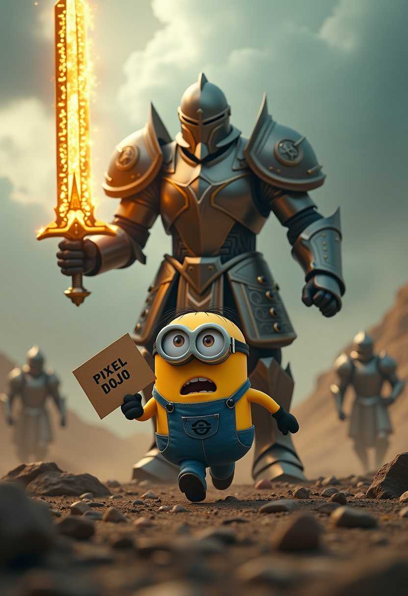 (cinematic film still, low angle, ground up view),
A panicking minion from despicable me holding a sign with text "PIXEL DOJO" running away from an (UltraM40k clad in power armor. In his right hand, he holds a holding a glowing gold massive sword, its blade etched with arcane symbols and pulsing with supernatural energy). The background features a tumultuous sky with swirling clouds and a debris-covered ground, hinting at a recent battle. Other knights and soldiers are visible in the chaotic scene, with rich, vibrant colors and meticulous textures throughout, shallow depth of field, vignette, highly detailed, bokeh, moody, epic, gorgeous, film grain