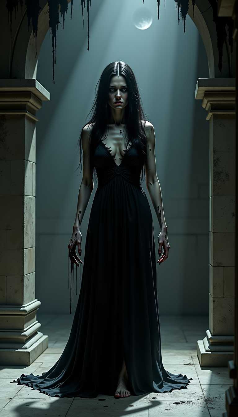 milf, A realistic horror scene, milf, A realistic horror scene, **Title**: The Corrupted Sorceress in the Temple of Shadows

**Visual Details**: The central figure is a mature woman well in her middle years, middle-aged, with porcelain-like pale skin and long, long inky black hair that is knotted and gnarled hangs down past her shoulders . Her dress, a shredded and destroyed remnant of purity, almost dirty rags, clings to her bony and emaciated body, accentuating her spectral, hollowed form. She is so thin that her ribs can be seen, and her cheeks are sunken. Her hollow eyes, shadowed and sunken, are windows to an abyss of malice. Her fingernails, jagged and filthy, are reminiscent of talons, hinted with a sinister black stain, testifying to her corruption. Liquid, foul, black liquid stains her hands and drips from her fingers onto the floor.  Her eyes are pitiless black pits.

**Art Style and Mood**: The scene is rendered in a dark fantasy style, exuding a grim yet eerily enchanting ambiance. The aesthetic bridges the gap between fantasy realism and gothic horror, with a muted, somber color palette dominated by deep grays, shadowy blacks, and the subtle luminescence of ethereal whites.

**Composition**: Positioned centrally, she stands tall, embodying a grim presence within a vast, shadow-ridden stone temple. The camera angle is slightly low, emphasizing her menacing authority and making her the focal point. The shadows around her animate, things with a life of their own, crawling insidiously up the cold stone walls of the room she is in, appearing as congealed black tendrils of darkness that climb up the pillars and walls around her.