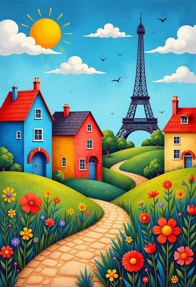 This image is a whimsical and colorful depiction of a Parisian landscape, featuring the iconic Eiffel Tower in the background. The art style is reminiscent of naive art, with its simplified forms and bright, bold colors. The medium appears to be oil paint or a similar oilbased paint, given the rich texture and depth of the colors.The sky is a tapestry of blues and whites, with three suns in the distance, each with a different hue orange, yellow, and red. The clouds are fluffy and white, with a few streaks of blue, and they are scattered across the sky in a seemingly random pattern.In the foreground, there are several houses with distinctive colors and patterns. The houses are stylized with exaggerated shapes and bright, contrasting colors. The roofs are red, and the walls are a mix of blue, yellow, and white. The windows are simple, with white frames and a few with red curtains. The houses are set against rolling hills with patches of green grass and yellow flowers.A winding cobblestone path leads through the houses, bordered by an abundance of flowers in the foreground. The flowers are large and colorful, with red, orange, and yellow petals, and they are interspersed with green leaves and purple flowers. The path curves gently, inviting the viewer to imagine walking through this idyllic scene.The Eiffel Tower stands tall in the background, its silhouette a dark contrast to the bright colors of the houses and the vivid flowers. The tower is depicted in a simplified form, with its characteristic iron lattice and the first level of the tower visible. The tower is surrounded by a few trees and a small body of water, which adds to the picturesque quality of the scene.Overall, the image exudes a sense of joy and whimsy, with its playful use of color and form. It captures the essence of Paris in a charming and imaginative way.