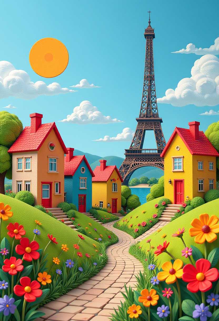 This image features simplified 3d characters and scenery that appears to be painted wooden figures or puppets without strings characterized by bold outlines, flat colors, and exaggerated shapes.The sky is a tapestry of blues and whites, with three suns in the distance, each with a different hue orange, yellow, and red. The clouds are fluffy and white, with a few streaks of blue, and they are scattered across the sky in a seemingly random pattern.In the foreground, there are several houses with distinctive colors and patterns. The houses are stylized with exaggerated shapes and bright, contrasting colors. The roofs are red, and the walls are a mix of blue, yellow, and white. The windows are simple, with white frames and a few with red curtains. The houses are set against rolling hills with patches of green grass and yellow flowers.A winding cobblestone path leads through the houses, bordered by an abundance of flowers in the foreground. The flowers are large and colorful, with red, orange, and yellow petals, and they are interspersed with green leaves and purple flowers. The path curves gently, inviting the viewer to imagine walking through this idyllic scene.The Eiffel Tower stands tall in the background, its silhouette a dark contrast to the bright colors of the houses and the vivid flowers. The tower is depicted in a simplified form, with its characteristic iron lattice and the first level of the tower visible. The tower is surrounded by a few trees and a small body of water, which adds to the picturesque quality of the scene.