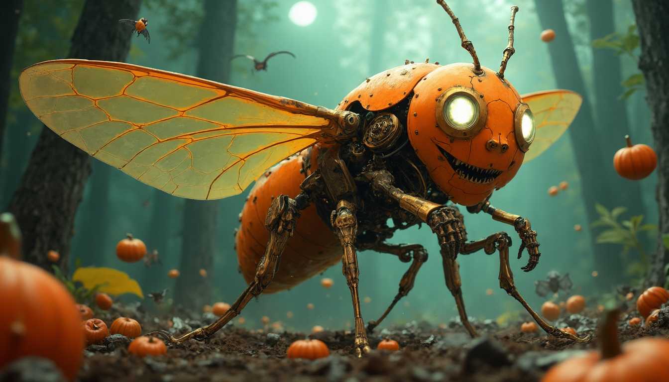 "*Four clockwork moths humanoids building a giant Halloween robot*, the robot has a mechanical pumpkin head, exquisite brass wings, delicate mechanical gears, glowing emerald veins, translucent structures, copper antennae with tiny brass cogs, warm luminescent glow, velvety round bodies, chubby metallic joints, tiny brass boots, mesmerizing glowing circuit patterns, iridescent steam trails, large expressive glowing eyes, gentle warm gaze, mechanical mandibles, rotating heart-shaped gear, pastel metallic hues, scattering shimmering dust.
the humanoids moth : (Humanoid Clockwork Moth, Cute & Surreal, Expressive Eyes):

"Clockwork moth humanoid, brass wings, mechanical gears, glowing emerald veins, translucent wings, copper antennae, tiny brass gears in hair, soft glow, round plush velvet body, chubby metallic joints, tiny brass boots, fluttering movements, glowing circuit patterns on wings, iridescent steam trails, big expressive glowing eyes, warm and gentle gaze, mechanical mandibles, smiling mouth with jagged edges, rotating heart-shaped gear inside chest, shifting pastel colors, shimmering metallic dust, playful hopping, warm halo, joyful energy, whimsical presence, friendly demeanor."

Setting: surreal dark world, ominous Halloween moon, twisted brass forest, copper leaves rustling eerily, haunting creaking metal, steam pipes winding around trunks, delicate hisses of mist, mechanical bats with translucent wings, darting between towering gothic architecture, scattered Halloween elements: pumpkin, jack-o'-lantern, ghost, skeleton, witch, black cat, bat, spider, spider web, tombstone, cauldron, broomstick, vampire, werewolf, mummy, zombie, haunted house, scarecrow, skull, gravestone, owl, raven, full moon, witches' hat, potion bottle, coffin, chains, blood, candle, fog, lantern, cobweb, candy, mask, demon, devil, 