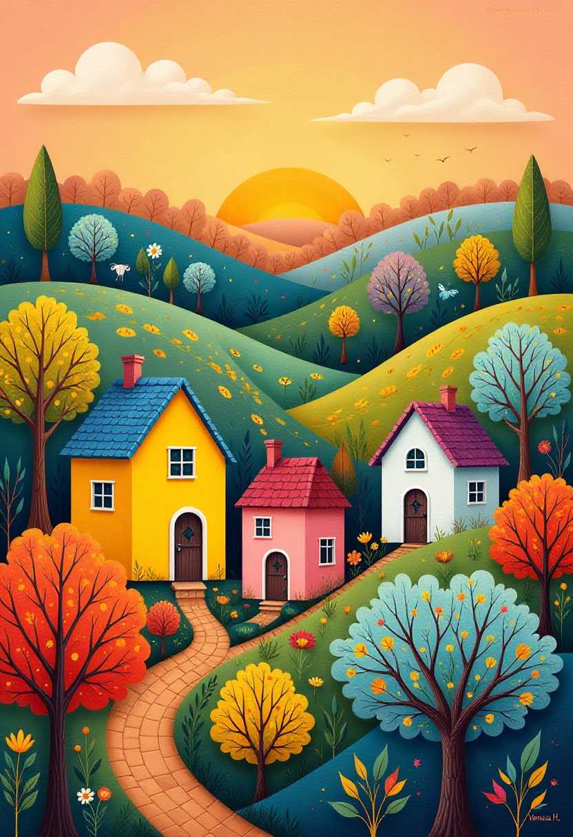 This image is a stylized representation of a quaint village landscape. The art style is reminiscent of naive art or folk art, with its simplified forms and bright, bold colors. The medium appears to be oil paint or a similar oilbased paint, given the rich texture and luminosity of the colors.The scene is set against a backdrop of rolling hills, each adorned with a different shade of green, orange, and yellow, suggesting the change of seasons or the time of day. The hills are gently undulating, and the perspective is slightly elevated, giving the viewer a view over the village.In the foreground, there are three houses with distinct colors and roof shapes. The house on the left is yellow with a blue roof, the middle house is pink with a purple roof, and the house on the right is a light blue with a red roof. Each house has a chimney, and the windows are outlined in white, which stands out against the colorful facades. The houses are set on small hills or rises, and the paths between them are winding, suggesting a natural layout rather than a planned grid.The village is surrounded by a variety of trees, each with its own unique color palette. The trees on the hills are mostly bare, with hints of autumnal colors, while the trees in the foreground are more lush and green. The colors of the trees range from deep greens to fiery oranges and yellows, with some trees having white or light blue leaves, which could be a stylized representation of snow or a different kind of foliage.The sky is a gradient of warm colors, with shades of orange, pink, and a touch of blue, suggesting either sunrise or sunset. The clouds are soft and fluffy, with rounded edges and a variety of shapes, some with patterns that could be interpreted as faces or animals.In the bottom right corner, there is a signature that reads Vanessa H, indicating the artists name.Overall, the image exudes a sense of warmth, tranquility, and idyllic beauty, inviting the viewer to imagine a peaceful, bucolic life in this charming village.