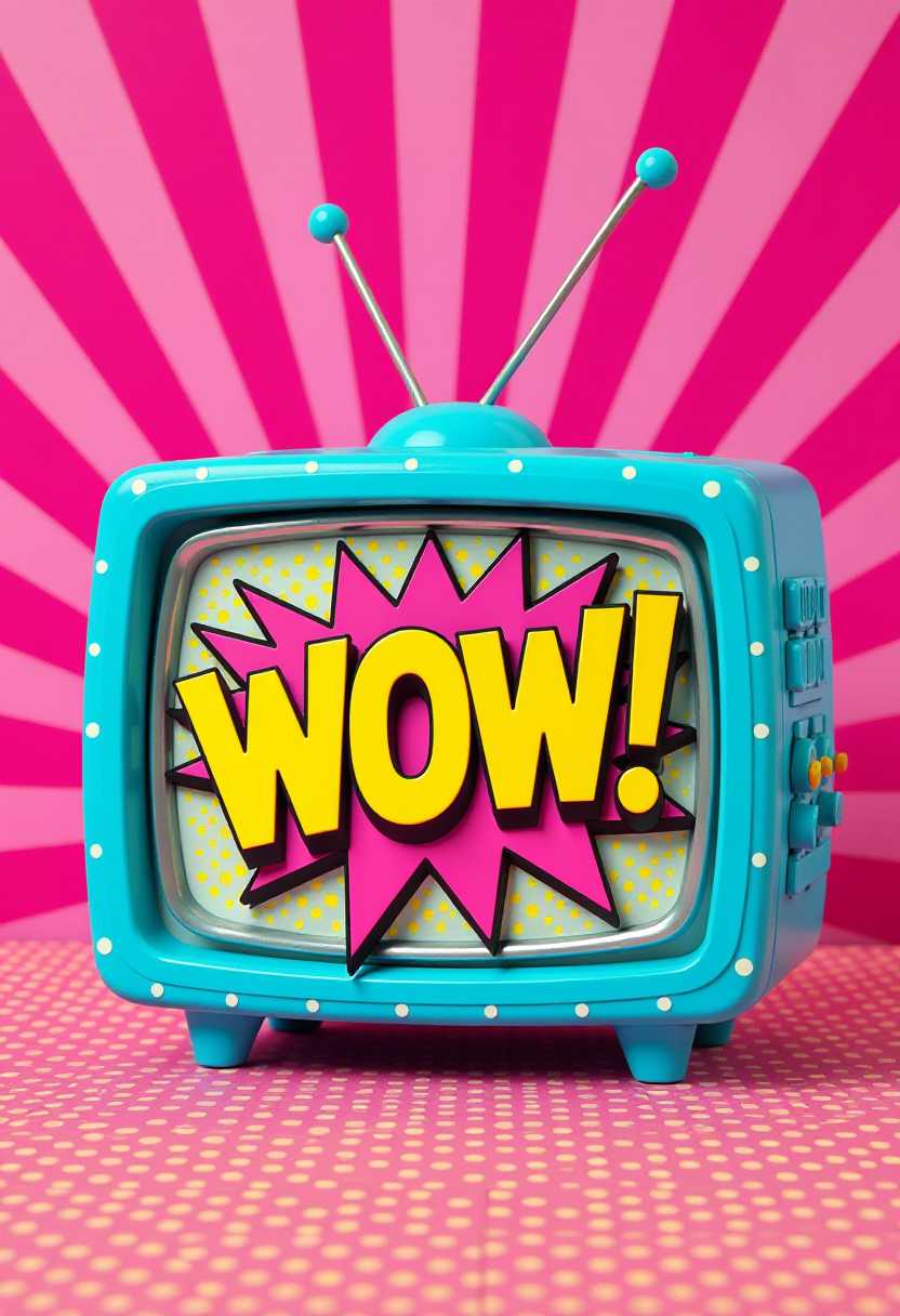 This image features simplified 3d characters and scenery that appears to be painted wooden figures or puppets without strings characterized by bold outlines, flat colors, and exaggerated shapes.The primary subject of the image is a stylized television set. It has a retro design, with a rounded shape and a bright blue border. The TV is adorned with a pattern of small, evenly spaced dots, giving it a textured look. The antenna atop the TV is a simple, twopronged design, adding to the vintage feel.On the screen of the TV, there is a large, bold WOW! in a bright yellow font with a black outline. The word is set against a pink and yellow burst pattern, reminiscent of a comic book sound effect, which adds to the dynamic and exciting feel of the image.The background of the image is a radial burst of pink and purple, with a halftone dot pattern that gives it a retro, almost nostalgic feel. The halftone dots are a common element in pop art and are often used to create a sense of texture and depth.