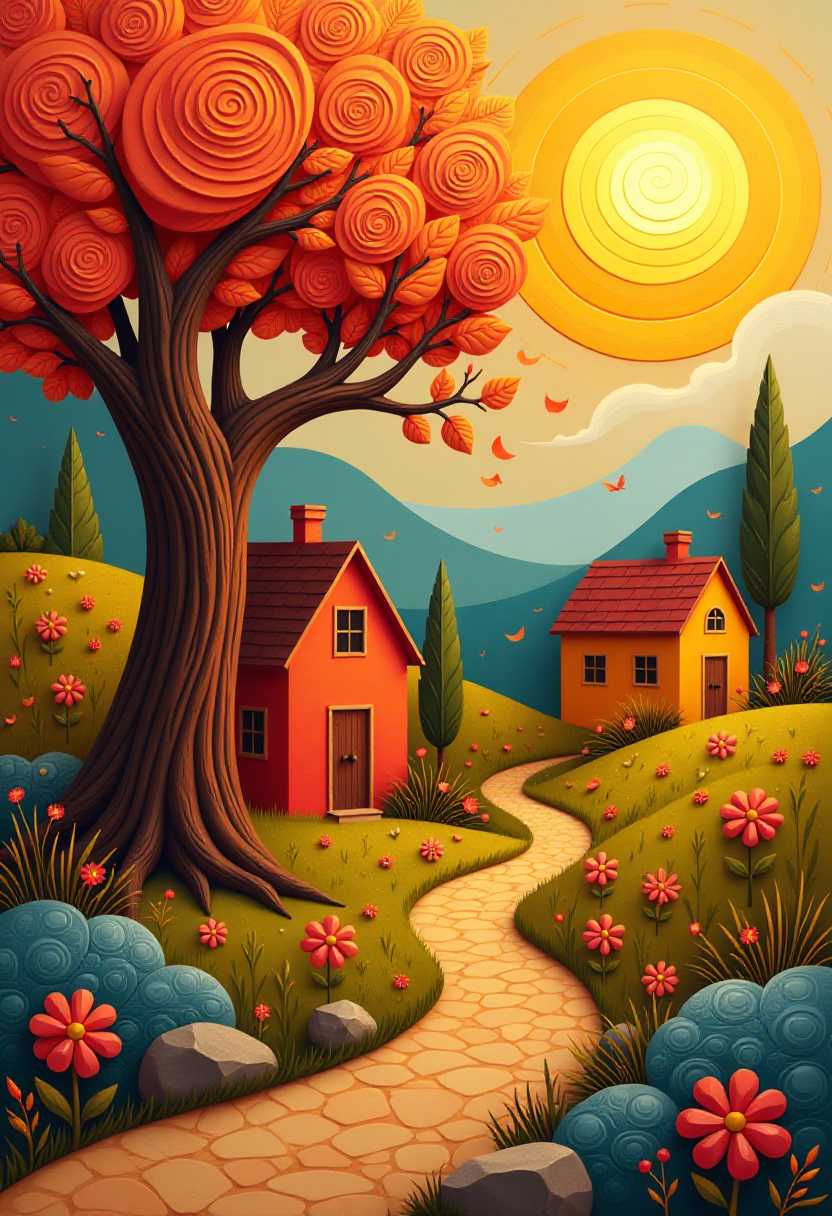 This image features simplified 3d characters and scenery that appears to be painted wooden figures or puppets without strings characterized by bold outlines, flat colors, and exaggerated shapes.The colors are warm and dynamic, with a predominance of oranges, yellows, and reds that give the scene a fiery, autumnal feel. There are also touches of cool blues and greens, which provide a refreshing contrast and help to define the shapes of the houses and the foliage. The interplay of light and shadow adds depth and dimension to the painting, with the sun emitting a brilliant, almost blinding light that highlights the swirling patterns in the tree and casts soft shadows on the houses.The objects in the image include a large, central tree with branches that twist and turn in an organic, flowing pattern. The leaves on the tree are depicted with swirling, circular motifs that echo the patterns in the sun. Surrounding the tree are several houses, each with a unique roof shape and color scheme. The houses are stylized with exaggerated proportions and simplified forms, with large windows and doors that stand out against the more complex patterns of the tree and the sky.A winding path cuts through the scene, leading the eye from the bottom left corner to the top right, where the sun is shining. The path is lined with rocks and small, colorful flowers, adding to the charm and whimsy of the scene. 