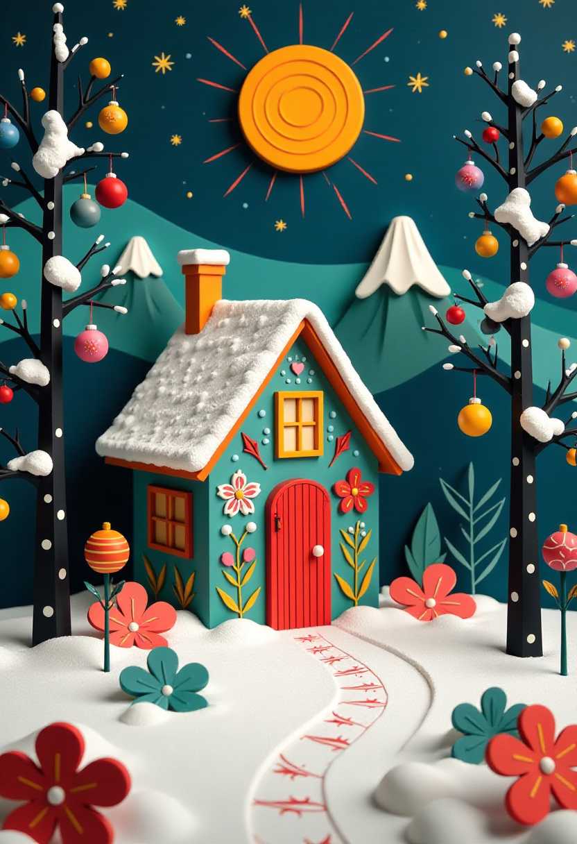 This image features simplified 3d characters and scenery that appears to be painted wooden figures or puppets without strings characterized by bold outlines, flat colors, and exaggerated shapes.The colors are rich and varied, with a predominance of cool blues, greens, and purples that suggest the coldness of winter. However, there are also warm yellows, oranges, and reds that provide contrast and a sense of warmth. The use of white, which is abundant in the snowcovered trees and the roof of the house, adds to the wintry feel of the scene.The objects in the image include1. A charming house with a red door and a white roof sprinkled with snowflakes. The house is adorned with a variety of patterns and colors, including stripes, polka dots, and floral designs, on its walls and roof. There are two chimneys, one orange and one white, which add to the cozy, inviting appearance of the dwelling.2. Surrounding the house are tall, slender trees with snowcovered branches. The trunks of the trees are black with white dots, and the branches are decorated with colorful baubles and spherical ornaments in shades of blue, pink, yellow, and red.3. In the background, there are stylized representations of mountains or hills, depicted in shades of blue and green, with some having snow caps. The mountains are set against a starry night sky, with a large, swirling sun in the center, emitting rays that illuminate the scene.4. The foreground is adorned with patches of snow and various colored circles, some with patterns, that resemble flowers or decorative elements.5. A winding path leads to the house, suggesting a welcoming entrance and inviting one to explore the scene.