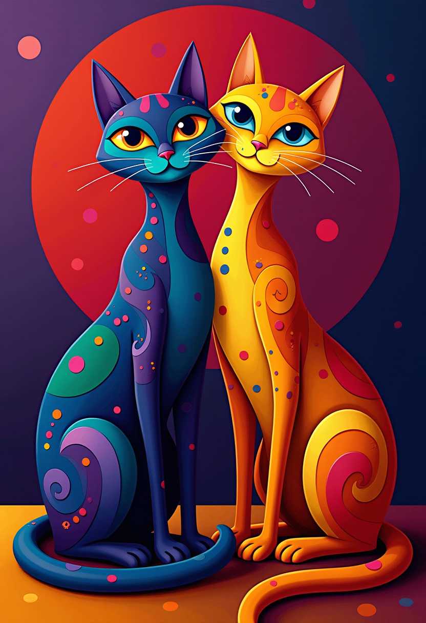 This image features simplified 3d characters and scenery that appears to be painted wooden figures or puppets without strings characterized by bold outlines, flat colors, and exaggerated shapes.This image is a stylized and colorful depiction of two cats, rendered in a pop art influence with a touch of cubism. The cats are seated with their bodies facing the viewer, and their heads are turned slightly towards each other, giving the impression of companionship. The cats are adorned with intricate patterns and swirls in a vibrant palette of purples, blues, yellows, oranges, and reds, with touches of greens and pinks.The art style is characterized by its bold outlines, flat areas of color, and the use of geometric shapes and organic curves to create a sense of movement and form. The cats eyes are particularly expressive, with a direct and somewhat intense gaze that adds a layer of personality to the piece.The medium appears to be digital painting, given the smooth blending of colors and the lack of texture that one might expect from traditional painting mediums like oil or acrylic. The background is a gradient of purples and blues, with a circular motif that seems to echo the cats tails and the overall circular shapes in the composition. This background provides a sense of depth and focuses the viewers attention on the cats.Overall, the image exudes a playful and whimsical mood, with a strong emphasis on form and color. The cats are the central figures, and their stylized representation invites viewers to appreciate the beauty and creativity of the piece.