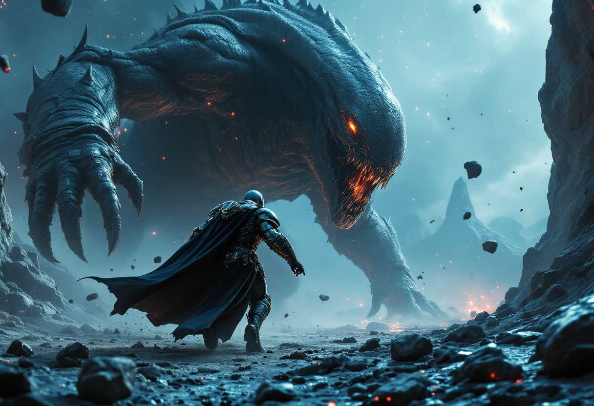 Armored Warrior Confronts Colossal Monster in a Volcanic Cataclysm