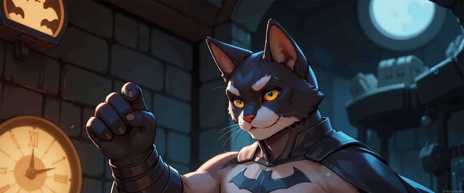 animanflux, a cat as Batman hero  in his Batcave