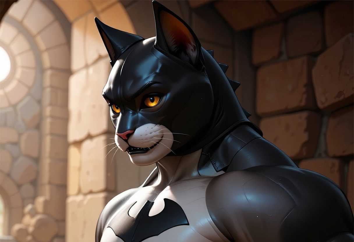 animanflux, full body shot a highly muscular cat as Batman with his Batman iconic mask in his Batcave