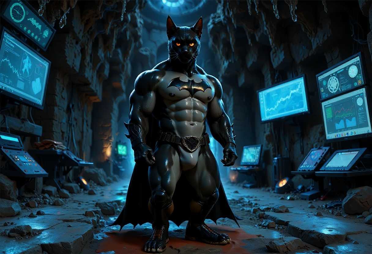 Animanflux Full-body shot of a highly muscular cat depicted as Batman, standing confidently in the center of his batcave. The cat's physique is robust and toned, with rippling muscles clearly defined under an expertly crafted Batman-style suit. The iconic Batman mask is tailored to fit the feline features, accentuating the sharpness of his gaze with feline eyes peering dramatically from within. The suit is a sleek combination of deep blacks and subtle greys, with a textured finish resembling high-tech armor.

The batcave is vast and cavernous, its walls adorned with stalactites and lit by dim, ambient lighting that casts dramatic shadows. Sophisticated computer screens glow softly in the background, displaying intricate data and schematics bathed in neon blues and greens. The floor is rugged, with glossy sections reflecting the dim light, adding depth to the cave's architecture.

The camera angle is at eye level, capturing the scene from a slightly low perspective to enhance the sense of power and authority of the cat Batman. The atmosphere is brooding and mysterious, with a touch of anticipation in the air as the gentle hum of the cave’s technology mixes with the sounds of dripping water echoing in the distance. Overall, the image conveys a mood of stealth and readiness, as if the cat Batman
