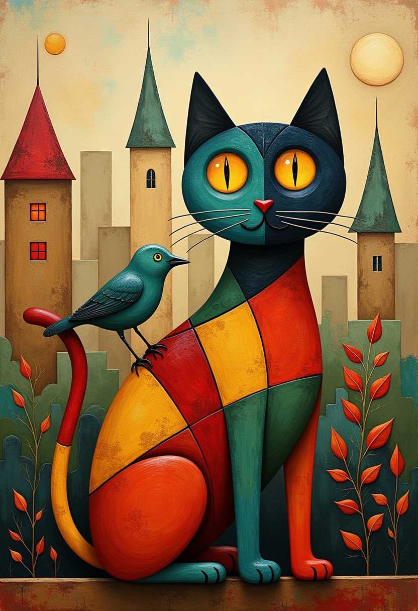 This image features simplified 3d characters and scenery that appears to be painted wooden figures or puppets without strings characterized by bold outlines, flat colors, and exaggerated shapes. The cat is the focal point of the painting. It has a large, round head with two prominent eyes, one yellow and one red, which give it a somewhat surprised or curious expression. The cats body is composed of a mosaic of geometric shapes in a variety of bright colors, including red, blue, green, yellow, and orange. The shapes are outlined in black, which creates a stark contrast and gives the cat a threedimensional appearance.On the cats back, perched gracefully, is a small bird. The bird is depicted in a more realistic style, with a smooth, rounded body and a simple, dark outline. It has a small, pointed beak and a single eye, which adds to its delicate and serene presence.The background of the painting is a collage of abstract shapes and colors, reminiscent of a cityscape or a patchwork quilt. The background is a mix of earthy tones, such as browns, greens, and creams, with splashes of red and blue, which provides a warm and inviting backdrop for the cat and bird.Overall, the painting exudes a sense of joy and creativity, with its playful use of color and form. It is a charming and imaginative piece that captures the viewers attention and invites them to appreciate the beauty and whimsy of the subject matter.