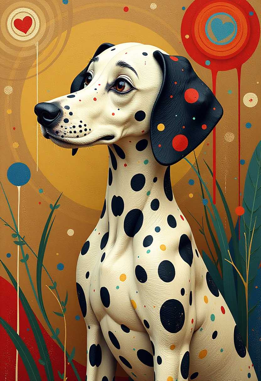 Dalmatian Dog with Colorful Spots and Whimsical Background