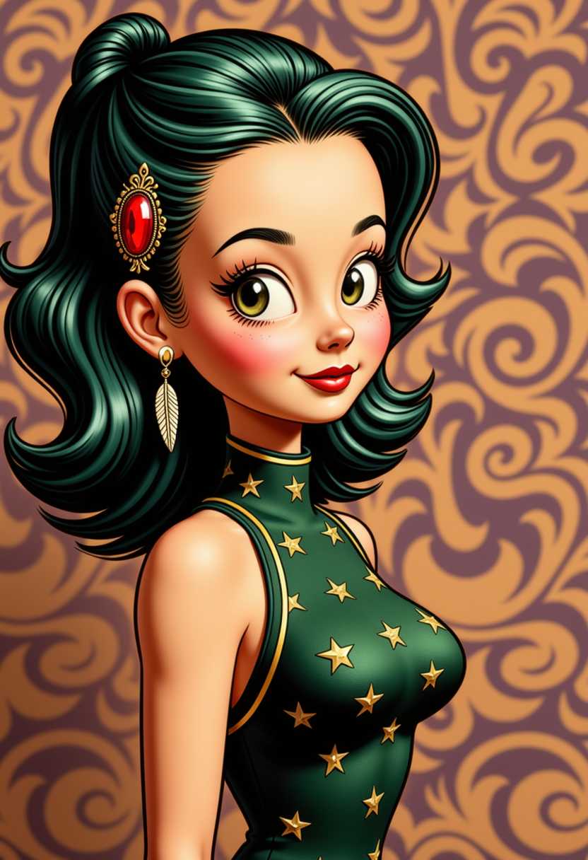 This image is a 3D rendered scene that captures a stylized female figure in a vibrant and dramatic setting. The art style is reminiscent of a pinup or burlesque aesthetic, with a focus on exaggerated curves and a playful, seductive pose. 3d cartoon girl, large eyes, with a vintage aesthetic, reminiscent of the 1940s to 1950s pinup style. This image is a closeup portrait of a person with long, flowing hair that cascades in waves and swirls, predominantly in shades of green with hints of yellow and hints of red at the tips. The hair is adorned with a red gemstone accessory that resembles a ruby, which is set in a gold or yellow metal setting and is positioned on the left side of the head, just above the ear.The person is wearing a dark green bodysuit with a star pattern, which gives the impression of a night sky or celestial theme. The bodysuit is fitted and has a low neckline, revealing the collarbones and upper chest. The sleeves are long and reach past the wrists, with a similar star pattern and a gold trim that matches the gemstone accessory. The persons arms are bare, and the skin tone is a light, almost translucent yellow.The background of the image is a complex and elaborate pattern that seems to be inspired by traditional Chinese art, with swirling lines and shapes in shades of purple, orange, and gold. The pattern is dense and covers the entire background, creating a sense of depth and continuity. It complements the cheongsams floral pattern and the earrings feather design, tying together the elements of the image in a harmonious and aesthetically pleasing way.The art style of the image is reminiscent of traditional Chinese painting, with a focus on intricate patterns and a sense of balance and symmetry. 