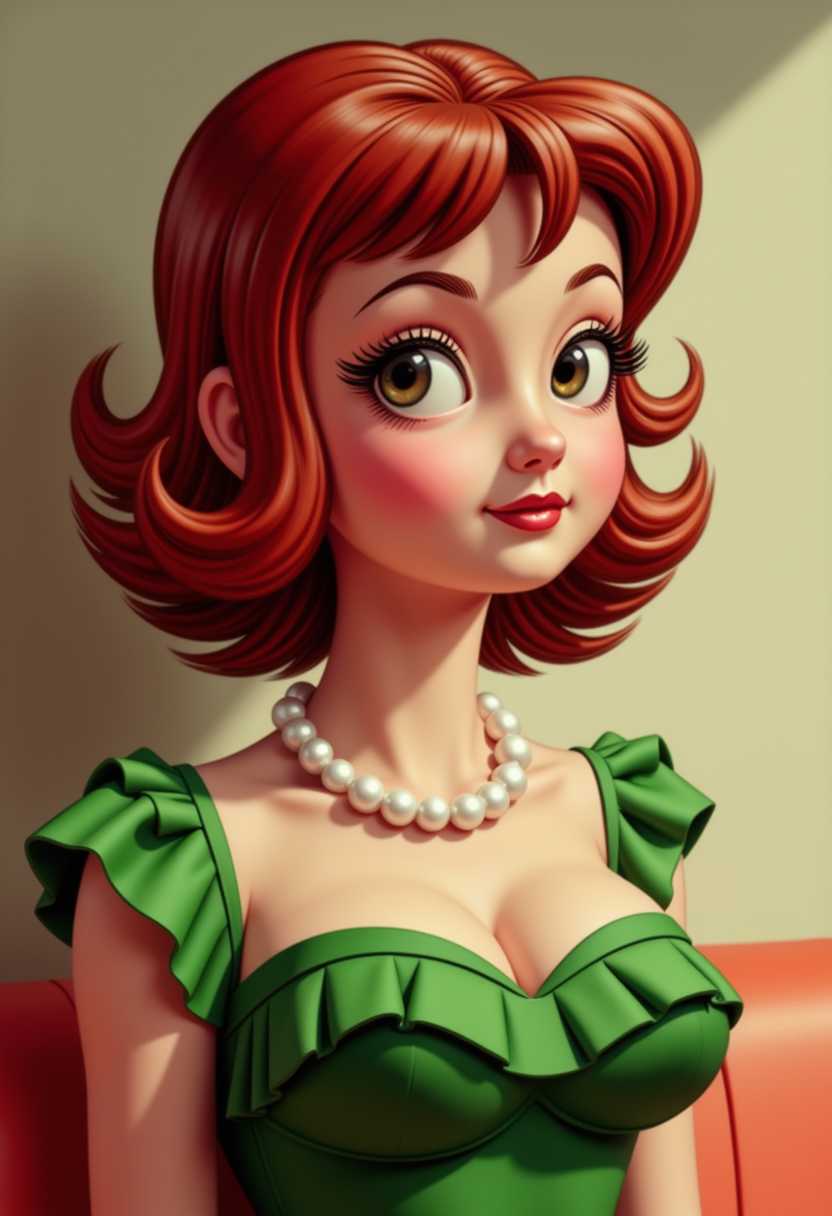 This image is a 3D rendered scene that captures a stylized female figure in a vibrant and dramatic setting. The art style is reminiscent of a pinup or burlesque aesthetic, with a focus on exaggerated curves and a playful, seductive pose. 3d cartoon girl, chibi big head, large eyes, with a vintage aesthetic, reminiscent of the 1940s to 1950s pinup style. The subject is wearing a green garment with a ruffled texture that appears to be made of a soft, possibly satiny material. The ruffles are gathered at the neckline, creating a dramatic and somewhat theatrical effect.The person is adorned with a multistrand pearl necklace, which adds a touch of classic elegance to the overall appearance. The pearls are round and uniform in size, giving the necklace a sophisticated and timeless look.The hair of the subject is styled in a voluminous, curly fashion, with bangs that frame the forehead. The hair color is a deep, rich red, which contrasts sharply with the green of the garment and the white of the pearls. The curls are welldefined and have a glossy sheen, suggesting that they might have been styled with a pomade or hairspray to achieve the desired volume and hold.The background of the image is nondescript, with a plain, lightcolored wall that doesnt detract from the subject. The lighting is soft and diffused, casting a gentle shadow on the right side of the subjects face, which adds depth to the portrait.The overall art style of the image is reminiscent of mid20th century photography, with a focus on the subjects pose and the interplay of light and shadow. The medium appears to be a color photograph, given the range of colors and the quality of the image.The colors in the image are bold and vibrant, with the red of the garment standing out against the black hair and the white of the pearls. The lighting in the image creates a play of light and shadow, with the reds and blacks appearing to pop against the lighter background.In summary, this image is a vintage portrait of a person dressed in a red garment with ruffled detailing, adorned with a multistrand pearl necklace. The hair is styled in voluminous curls with bangs, and the overall art style is reminiscent of mid20th century pinup photography. The medium is color photography, and the colors are bold and vibrant, with a focus on the interplay of light and shadow.