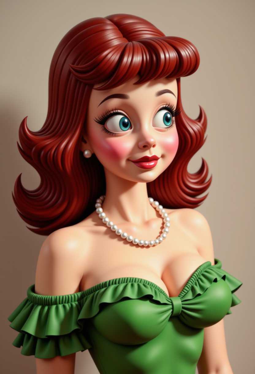 This image is a 3D rendered scene that captures a stylized female figure in a vibrant and dramatic setting. The art style is reminiscent of a pinup or burlesque aesthetic, with a focus on exaggerated curves and a playful, seductive pose. 3d cartoon girl, chibi big head, large eyes, with a vintage aesthetic, reminiscent of the 1940s to 1950s pinup style. The subject is wearing a green garment with a ruffled texture that appears to be made of a soft, possibly satiny material. The ruffles are gathered at the neckline, creating a dramatic and somewhat theatrical effect.The person is adorned with a multistrand pearl necklace, which adds a touch of classic elegance to the overall appearance. The pearls are round and uniform in size, giving the necklace a sophisticated and timeless look.The hair of the subject is styled in a voluminous, curly fashion, with bangs that frame the forehead. The hair color is a deep, rich red, which contrasts sharply with the green of the garment and the white of the pearls. The curls are welldefined and have a glossy sheen, suggesting that they might have been styled with a pomade or hairspray to achieve the desired volume and hold.The background of the image is nondescript, with a plain, lightcolored wall that doesnt detract from the subject. The lighting is soft and diffused, casting a gentle shadow on the right side of the subjects face, which adds depth to the portrait.The overall art style of the image is reminiscent of mid20th century photography, with a focus on the subjects pose and the interplay of light and shadow. The medium appears to be a color photograph, given the range of colors and the quality of the image.The colors in the image are bold and vibrant, with the red of the garment standing out against the black hair and the white of the pearls. The lighting in the image creates a play of light and shadow, with the reds and blacks appearing to pop against the lighter background.In summary, this image is a vintage portrait of a person dressed in a red garment with ruffled detailing, adorned with a multistrand pearl necklace. The hair is styled in voluminous curls with bangs, and the overall art style is reminiscent of mid20th century pinup photography. The medium is color photography, and the colors are bold and vibrant, with a focus on the interplay of light and shadow.