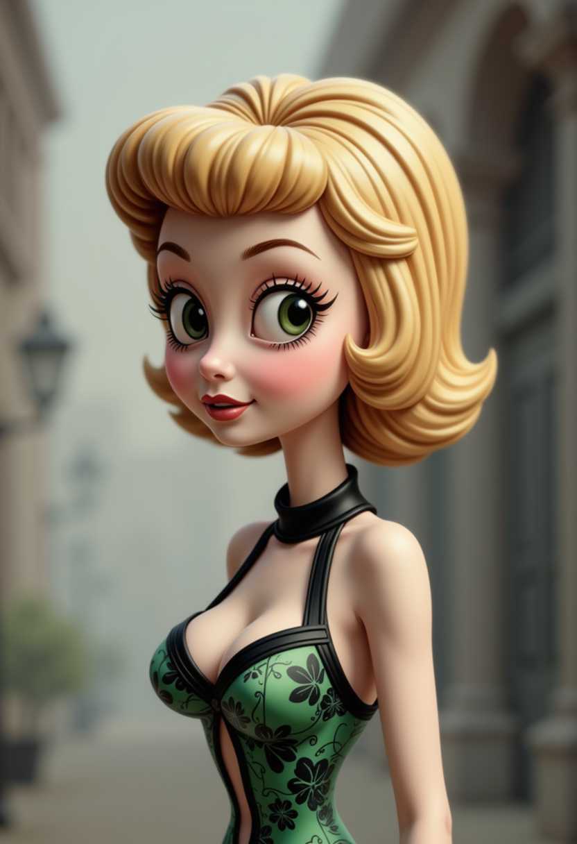 This image is a 3D rendered scene that captures a stylized female figure in a vibrant and dramatic setting. The art style is reminiscent of a pinup or burlesque aesthetic, with a focus on exaggerated curves and a playful, seductive pose. 3d cartoon girl, chibi big head, large eyes, dressed in a sleeveless garment with a high neckline, adorned with a floral pattern in shades of green, black, and white. The collar of the garment is black, and there is a visible black trim at the neckline, which adds a touch of contrast to the green fabric.The hair of the subject is voluminous and styled in a bouffant fashion, with a distinct beehive shape that suggests a hairstyle popular in the 1960s. The hair is blonde, and it is arranged in layers that cascade down from the top, creating a sense of height and fullness. The hairdo is the focal point of the image, drawing attention to the subjects hairstyle.The background of the image is blurred, with a focus on the subjects hair and upper torso. The blurred effect gives the image a dreamy or ethereal quality, as the details of the background are obscured. The colors in the background are muted, with shades of gray and white, which further emphasize the subject and their attire.The lighting in the image is soft and diffused, with no harsh shadows or highlights, contributing to the gentle and serene ambiance. The overall art style of the photograph is reminiscent of vintage portraiture, with a focus on the subjects hairstyle and fashion, evoking a sense of nostalgia for past eras.


