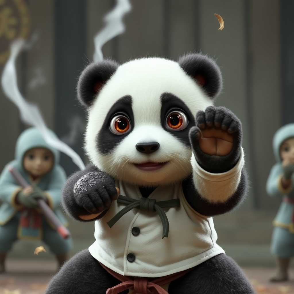 Characters with abnormally large eyes, panda huahua is making karate combat