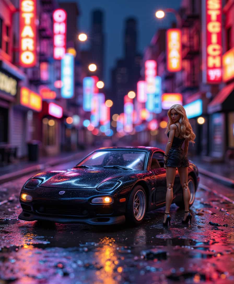 a photo of HotWheels RX7 car,, action figure style image,, Create a captivating night scene that captures the essence of 1993 NYC on 42nd Street with a cinematic flair. The image features a sleek black Mazda RX-7 FD parked on a rain-soaked pavement, its glossy surface reflecting the vibrant glow of surrounding neon lights. A stylish woman stands poised beside the car, her blond hair cascading around her shoulders. She is dressed in a chic black club dress that hugs her silhouette, complemented by elegant high-heeled shoes, exuding an air of sophistication and confidence.

The composition places the woman slightly off-center to the right, emphasizing her interaction with the car. The camera captures this scene with a 70mm lens at f/2.8, creating a rich depth of field that separates the subjects from the bustling city backdrop. Neon lights flicker in the distance, enhancing the nostalgic feel of a lively 1993 New York City night.

The atmosphere brims with energy, set against a backdrop subtly blurred into bokhe, dotted with vibrant, flickering neon signs, hinting at the nightlife that bustles in the background. The color palette is rendered in 10-bit Sony cinematic quality, ensuring sharp contrasts and vibrant hues that enhance the interplay between light and shadow, creating an engaging and dynamic visual experience.