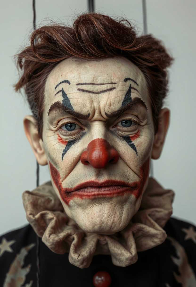 This image features simplified 3d characters and scenery that appears to be painted wooden figures or puppets without strings characterized by bold outlines, flat colors, and exaggerated shapes.This is a closeup portrait of a wooden clown puppet. The subject has a stern expression, with furrowed brows and a frown, giving the image a somewhat intense and brooding atmosphere. 