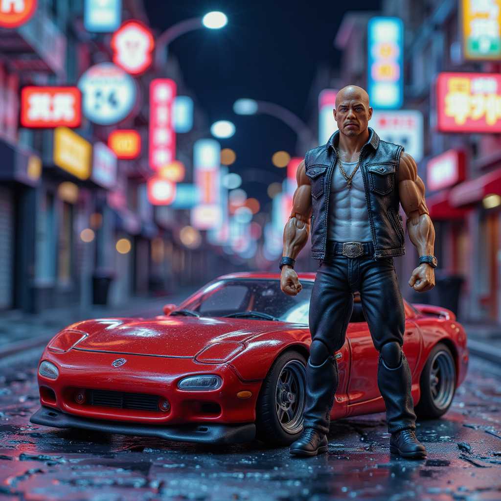 a photo of HotWheels RX7 car,, action figure style image,, **Title**: "Vin Diesel in Fast and Furious Racing Scene"

**Visual Details**: Envision Vin Diesel exuding an aura of unyielding confidence, his muscular physique and bald head brought to life through hyper-realistic high-definition imagery. His facial features are sculpted by the interplay of cool streetlight tones, casting intricate shadows that highlight his intense and focused expression. He sports a classic black leather jacket, perfectly weathered and textured, over a pristine white tank top, with the fabric's fine textures and stitching captured in exquisite detail. Flanking him is the legendary Mazda RX-7 FD in vibrant fiery red, its paint finish gleaming with a mirror-like luster under the serene glow of the moonlit sky. The car's stunning bodywork showcases the precision of its aerodynamic design and custom decals, with careful attention to the curvature of its dynamic lines and sculpted form. Reflective neon signs from the bustling street dance across its surface, creating a captivating play of colors that breathe life into the scene.

**Style**: Capture this scene in a cinematic, hyper-realistic style that marries the nostalgic flair of early 2000s action films with the enhanced clarity and vividness of contemporary digital artistry. Utilize a vibrant color palette to emphasize realism and convey