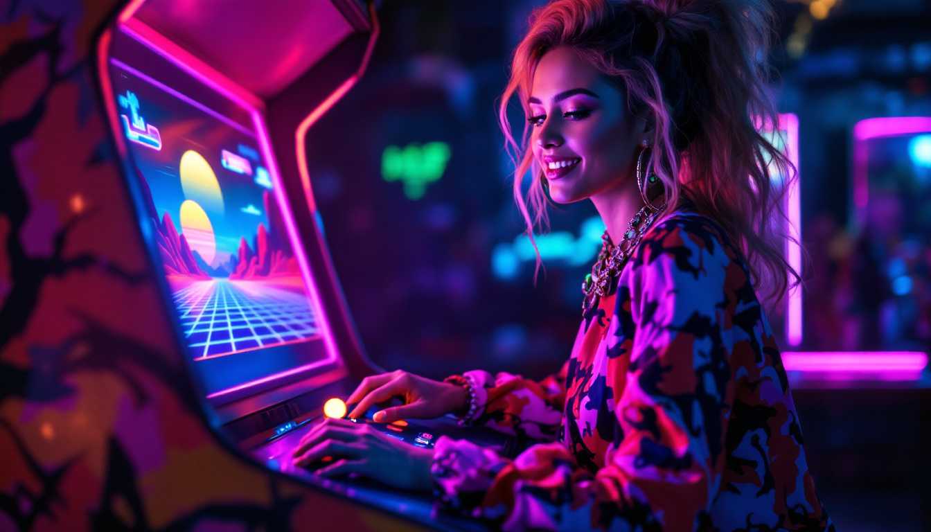 **Title**: Neon 80s Arcade Woman

**Artistic Style**: Synthwave aesthetic, inspired by James White (Signalnoise). Realistic portrayal blended with stylized retro elements reminiscent of 80s pop culture.

**Subject**: A woman in vibrant 80s fashion, wearing bold colors and dynamic patterns typical of the era—think shoulder pads, vibrant leggings, and neon accessories. Her hair, styled with volume and flair, adds to the authentic retro look. She expertly manipulates the joystick and controls of a vintage arcade machine. Her expression is one of focused joy, capturing the essence of nostalgic entertainment.

**Setting and Composition**: The scene is set in a dimly lit arcade, filled with scattered neon lights and electric hues. The camera angle is slightly low, showcasing the woman from a side view to emphasize her engagement with the arcade machine. This machine, central to the composition, displays a synthwave game featuring neon grids and a setting sun, its vibrant screen casting a kaleidoscope of glowing colors onto the woman's face and clothing.

**Background**: The ambiance is bustling yet intimate, with blurred arcade machines and vivid neon signs filling the peripheral view. A neon sign reading 'Arcade Nostalgia' adorns the wall in the background,