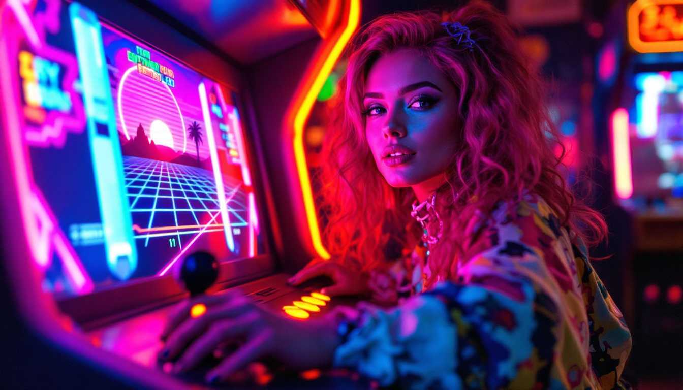 **Title**: Neon 80s Arcade Woman

**Artistic Style**: Synthwave aesthetic, inspired by James White (Signalnoise). Realistic portrayal blended with stylized retro elements reminiscent of 80s pop culture.

**Subject**: A woman in vibrant 80s fashion, wearing bold colors and dynamic patterns typical of the era—think shoulder pads, vibrant leggings, and neon accessories. Her hair, styled with volume and flair, adds to the authentic retro look. She expertly manipulates the joystick and controls of a vintage arcade machine. Her expression is one of focused joy, capturing the essence of nostalgic entertainment.

**Setting and Composition**: The scene is set in a dimly lit arcade, filled with scattered neon lights and electric hues. The camera angle is slightly low, showcasing the woman from a side view to emphasize her engagement with the arcade machine. This machine, central to the composition, displays a synthwave game featuring neon grids and a setting sun, its vibrant screen casting a kaleidoscope of glowing colors onto the woman's face and clothing.

**Background**: The ambiance is bustling yet intimate, with blurred arcade machines and vivid neon signs filling the peripheral view. A neon sign reading 'Arcade Nostalgia' adorns the wall in the background,